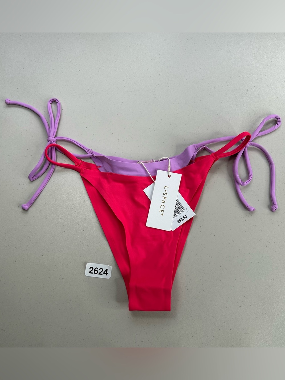 L*Space Swim Fused Mackena Bitsy Red and Purple Bikini Bottom Small Side Tie New